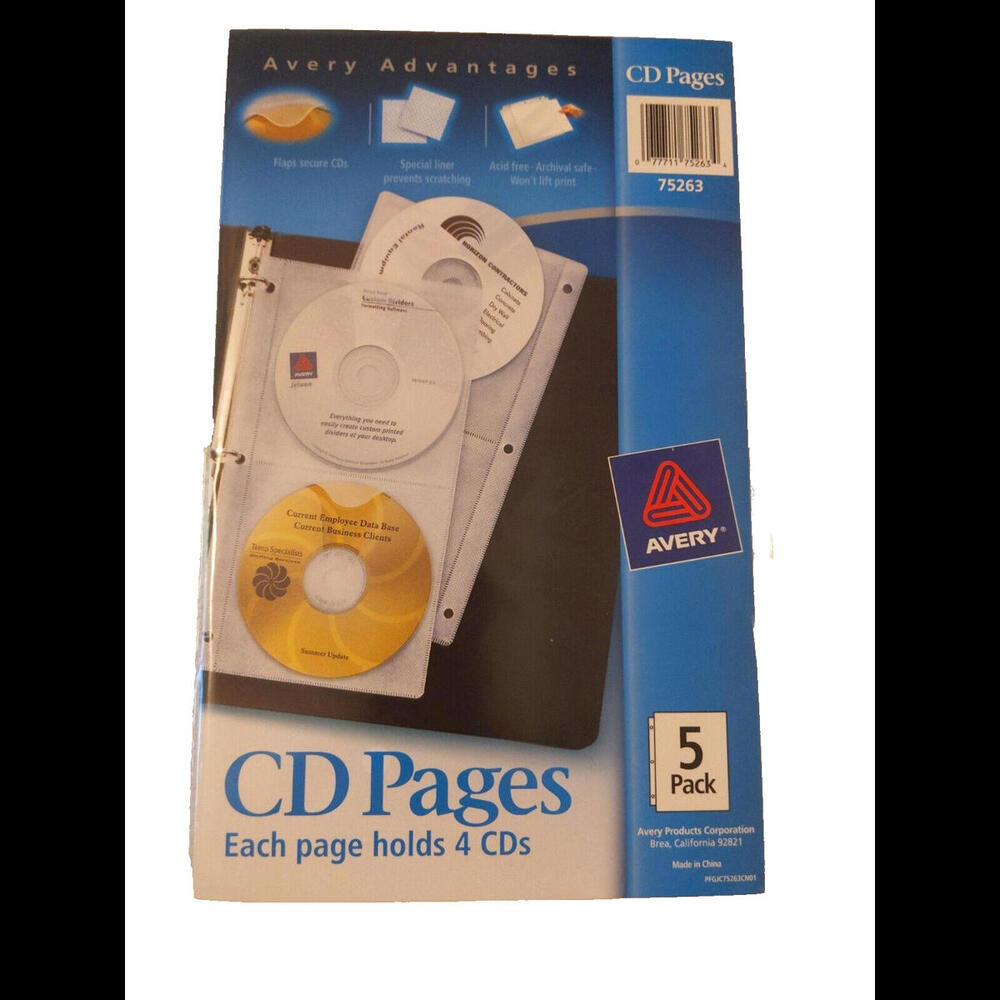Avery 75263 CD Pages 5 Pack DVD Organizer for 3-Ring Binder NEW SEALED